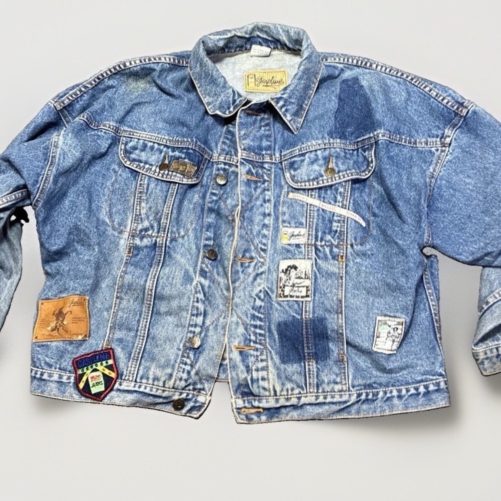 Vintage GASOLINE Denim Jacket Womens Trucker Patches Small 80s Distressed Grunge